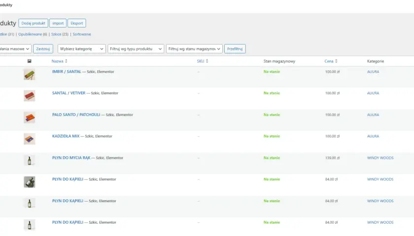 Lista produktów w panelu administracyjnym WooCommerce WordPress: kadzidła, płyny, ceny i kategorie.
