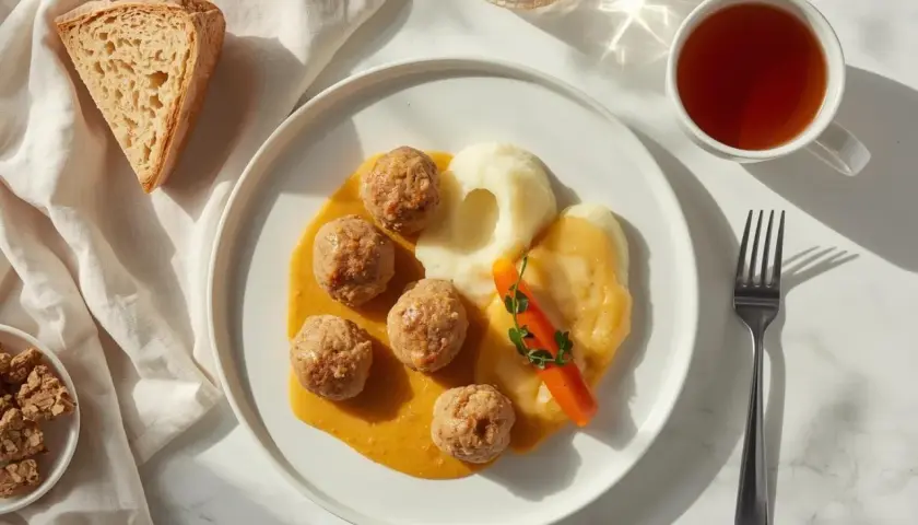 Delikatne klopsiki z puree, marchewką i sosem – idealne danie, co można jeść na diecie lekkostrawnej. Do tego kromka chleba i herbata.