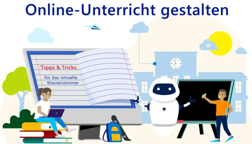 Eine Schülerin lernt am Laptop, ein Roboter und ein Schüler am Whiteboard – Illustration für eine online-unterricht plattform.
