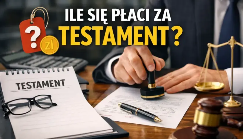 Ile kosztuje przepisanie majątku u notariusza? Na stole notarialnym dokument testamentu, pieczęć, waga sprawiedliwości i okulary.