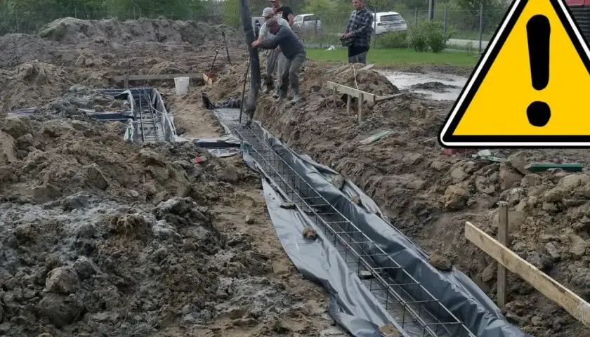 Budowa trwa: betonowanie ław fundamentowych. Pracownicy wylewają beton do wykopów z zbrojeniem.