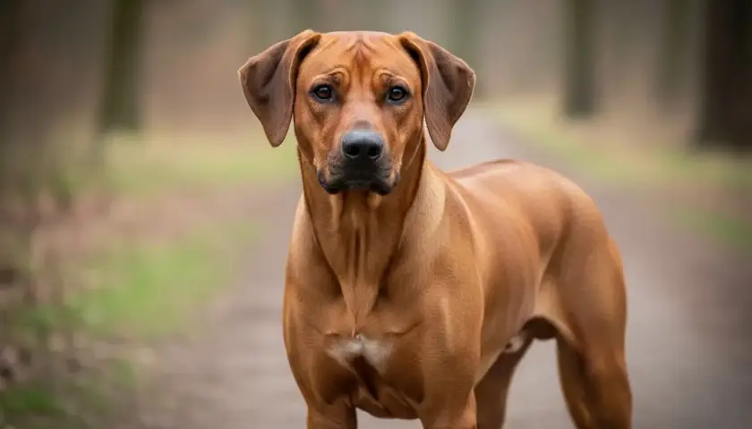 Ein stolzer afrikanischer Jagdhund steht auf einem Waldweg. Sein glänzendes, rotbraunes Fell und seine aufmerksamen Augen strahlen Kraft und Intelligenz aus.