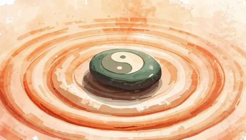 Pietra con simbolo Yin e Yang su un letto di sabbia rastrellata, evocando la pace del Tao Te Ching.