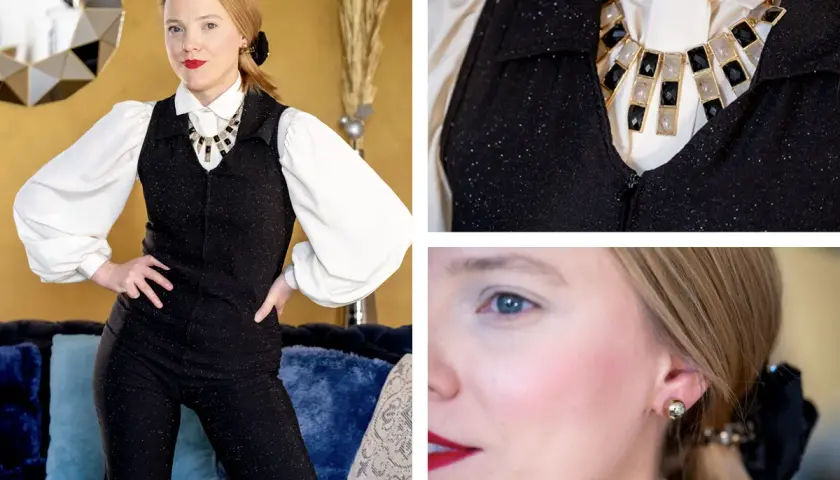 Elegancka kobieta w błyszczącym kombinezonie i naszyjniku, stylizacja inspirowana francuską firmą odzieżową.