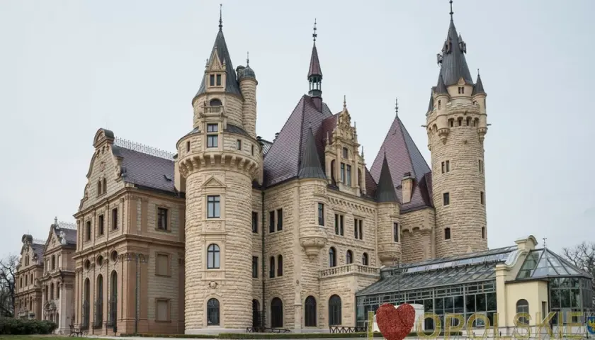 Imponujący moszna zamek zdjęcia, z wieżami i kamiennymi murami, otoczony zielenią.