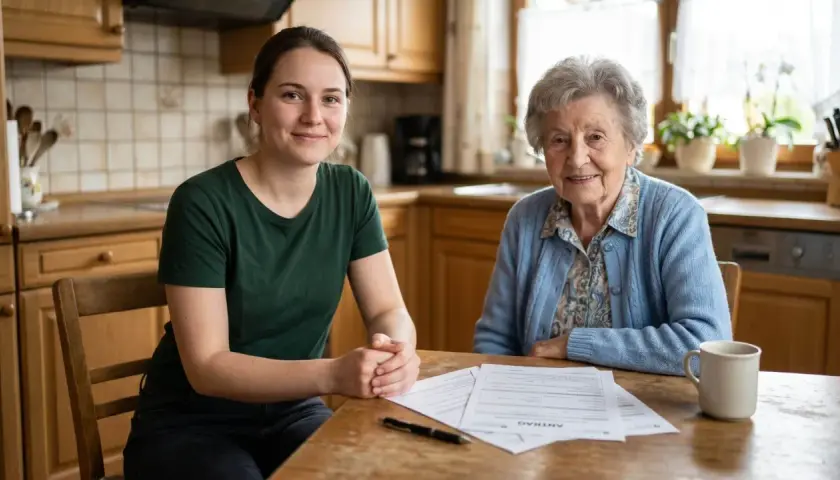 Junge Frau und Seniorin am Tisch. Antrag für haushaltshilfe krankenkasse senioren liegt bereit.