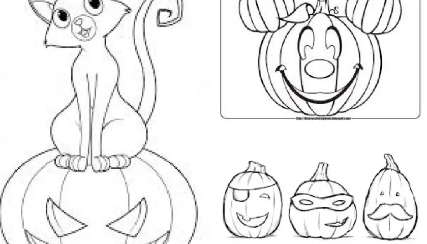 Gato negro sentado en una calabaza sonriente, y otras calabazas para colorear e imprimir.