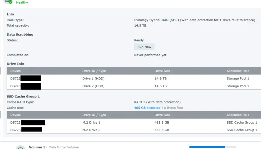 Speicherpool 1 mit RAID 1 (Spiegelung) und SSD-Cache. Zwei 14,6 TB HDDs und zwei 465,8 GB M.2 SSDs sind im Einsatz.