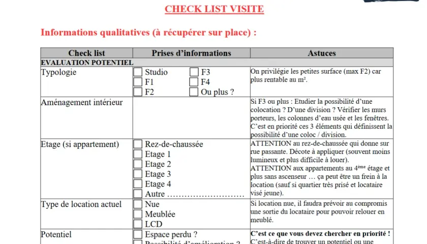 Checklist visite maison : informations qualitatives pour évaluer le potentiel d'un bien immobilier.