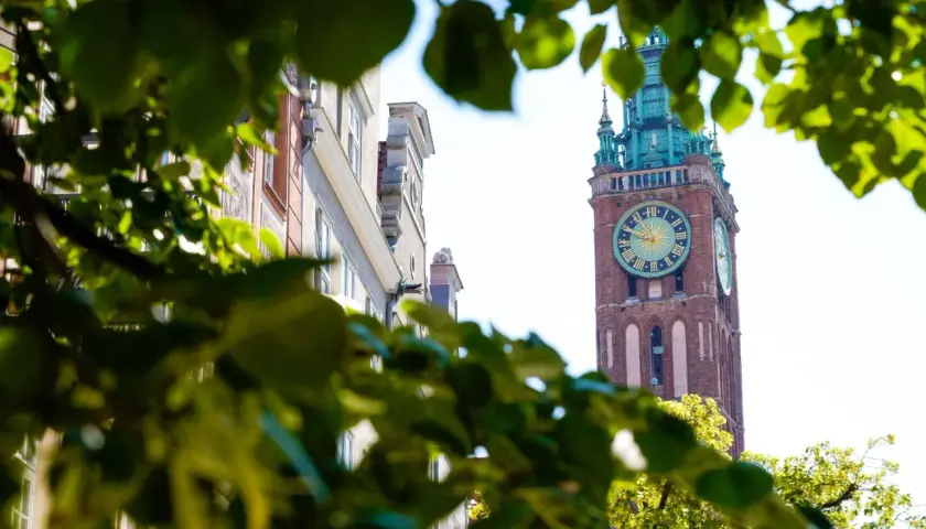 Wieża Ratuszowa w Gdańsku, jeden z pięknych polskich monuments, góruje nad ulicą.
