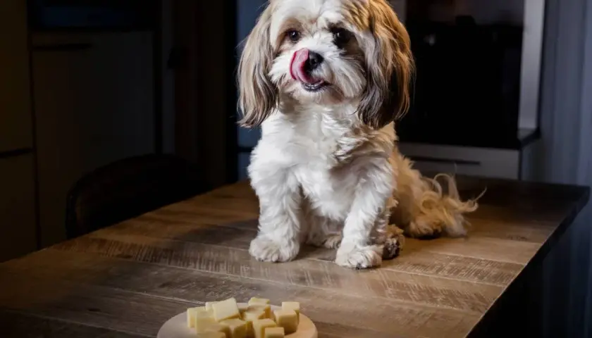 Un perro Shih Tzu con la lengua afuera mira un plato de cubos de queso, demostrando que los perros pueden comer queso.