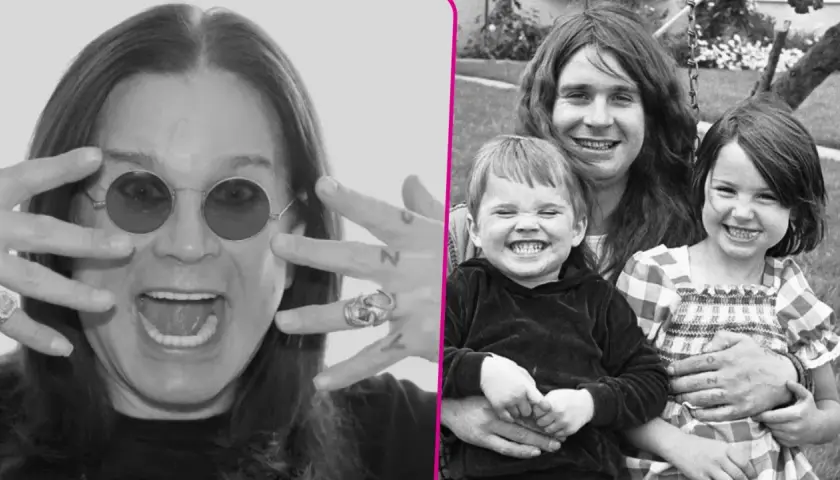 Ozzy Osbourne z dzieciństwa i jako starszy pan. Wesołe ozzy osbourne dzieci na starym zdjęciu.