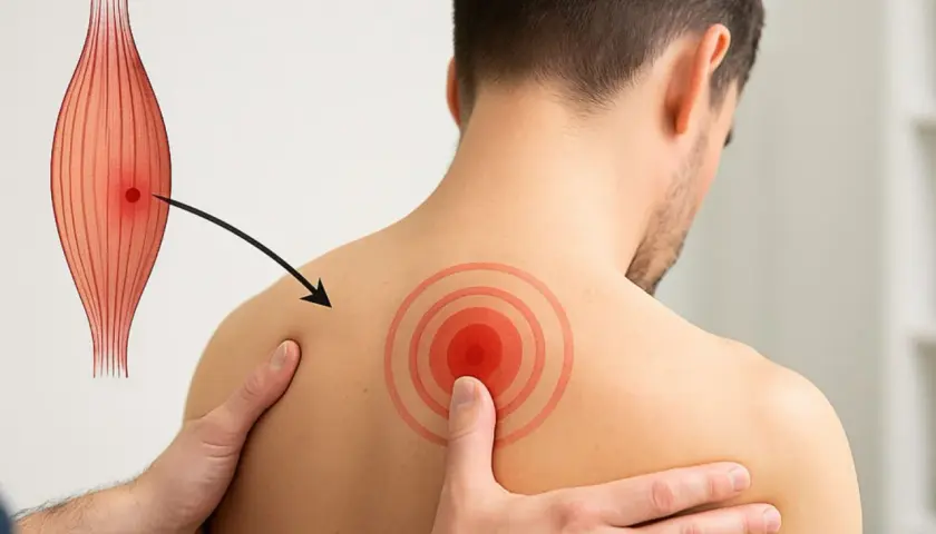 Illustration d'un muscle avec un point rouge indiquant un trigger point psoas, flèche pointant vers une zone douloureuse sur l'épaule d'un homme.