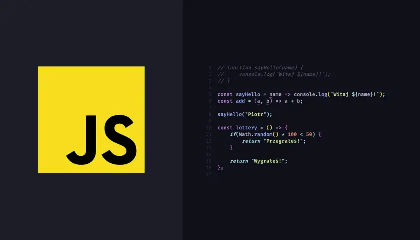 Logo JS obok kodu w JavaScript, który zawiera funkcje powitalne i prostą loterię.