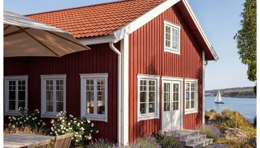 Rött trähus vid havet med vita fönster och en dropplist i fasaden. En segelbåt syns i bakgrunden.