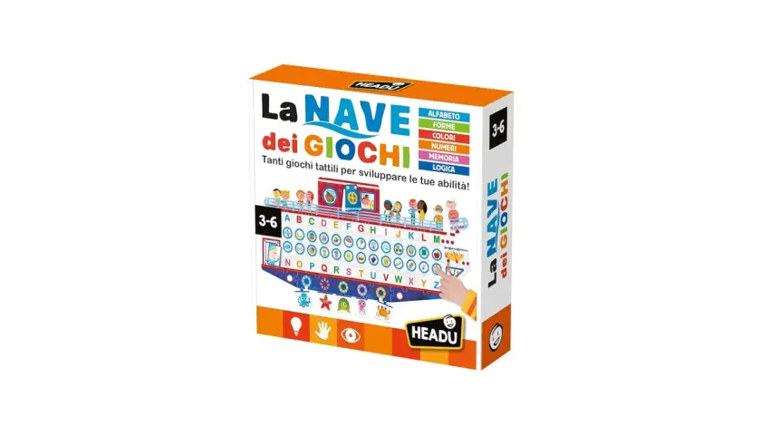 La Nave dei Giochi: tanti giochi sensoriali tattili per sviluppare alfabeto, forme, colori, numeri, memoria e logica. Ideale per bambini 3-6 anni.