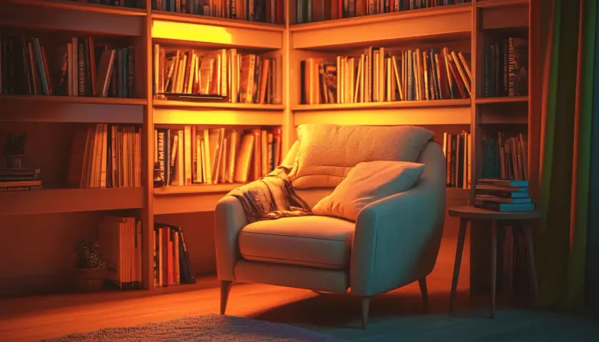 Gemütlicher Sessel mit Kissen und Decke, umgeben von Bücherregalen. Ein perfekter Ort, um den Sessel zu dekorieren und in Büchern zu versinken.