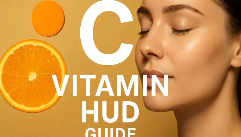 En närbild på en kvinna med slutna ögon bredvid en apelsinskiva och texten "C VITAMIN HUD GUIDE".