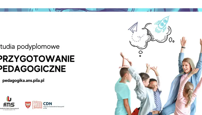 Studia podyplomowe przygotowanie pedagogiczne. Radosna nauczycielka z dziećmi, symbolizująca rozwój i naukę.
