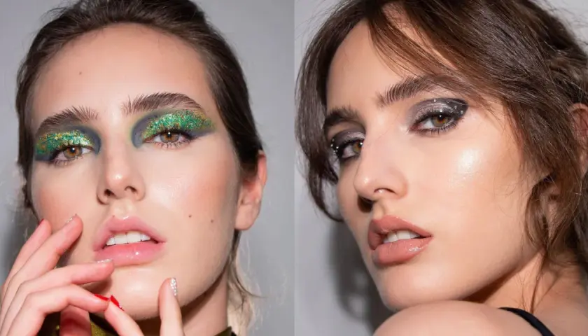 Dos looks de maquillaje de ojos para Navidad: uno con glitter verde y azul, otro con sombras plateadas y pedrería.