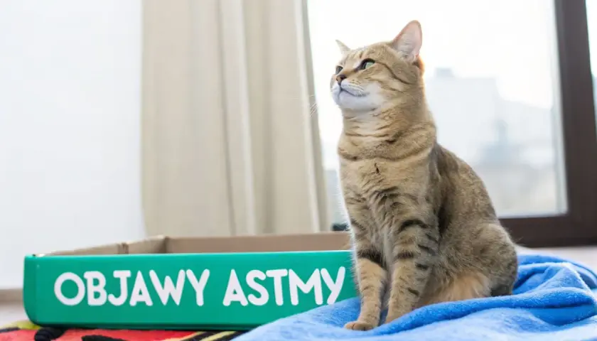Kot siedzi obok kuwety z napisem "Objawy astmy".