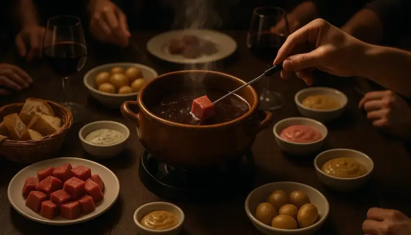 Une fondue sans vin, avec des dés de viande, des pommes de terre, du pain et des sauces.