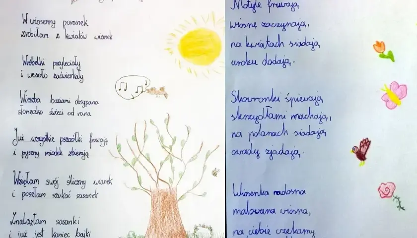 Ręcznie pisany wiersz o wiośnie z rysunkami drzewa, słońca, ptaków i motyli.