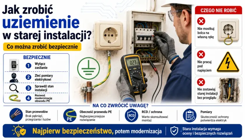 Elektryk z multimetrem sprawdza instalację elektryczną. Poradnik o uziemieniu w starych instalacjach, podkreślający bezpieczeństwo i analizę stanu przewodów PE.