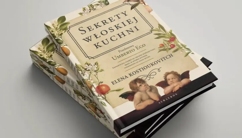 Książka "Sekrety włoskiej kuchni" z motywami owoców i aniołkami. Odkryj smaki Italii!