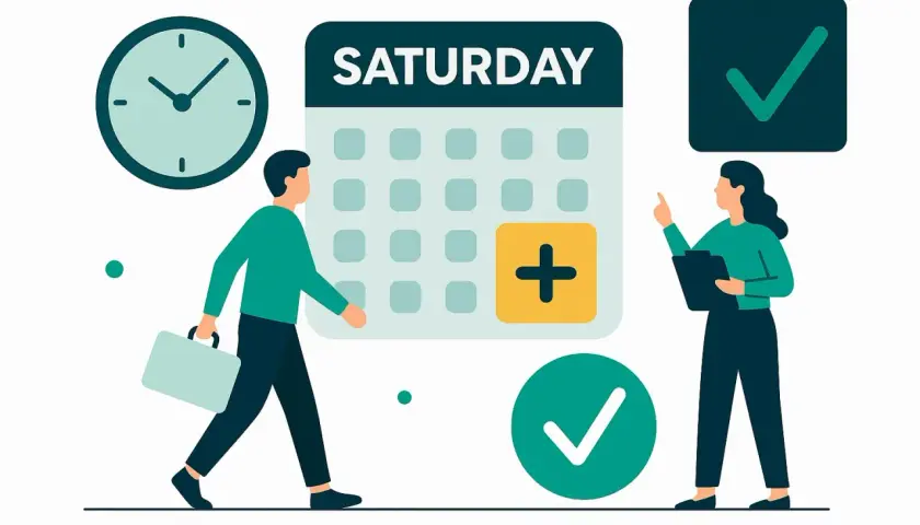 Ludzie planują pracę na sobotę. Kalendarz z napisem "SATURDAY" i plusikiem sugeruje, czy sobota to dzień roboczy.