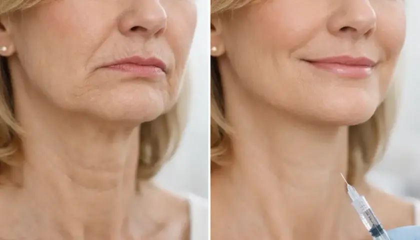 Före- och efterbilder visar en kvinna som får botox för att minska rynkor. Även om botox inte rekommenderas för gravida, kan det ge ett slätare utseende.