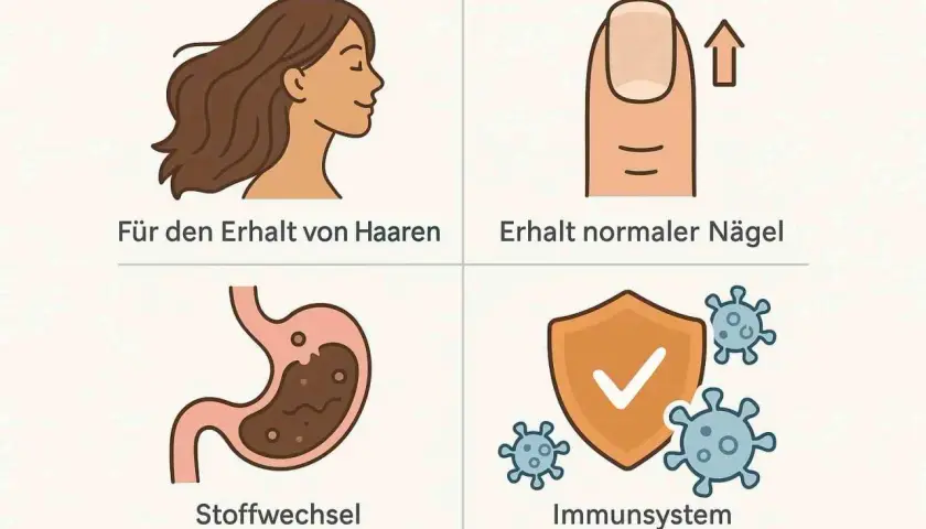 Biotinmangel Symptome: gesunde Haare, starke Nägel, guter Stoffwechsel & Immunsystem. Illustration zeigt Frau, Nagel, Magen, Schild mit Viren.