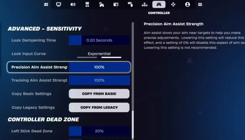 Ustawienia czułości w Fortnite: Precision Aim Assist Strength na 100%.