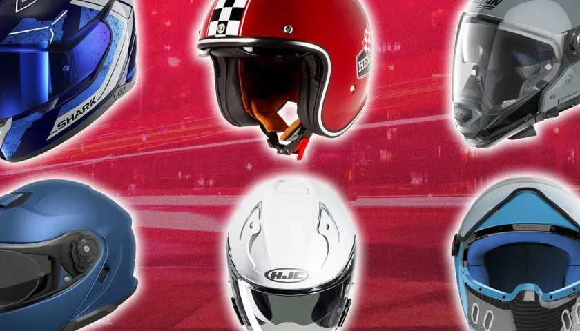 Seis cascos de moto de diferentes marcas, incluyendo Shark y Nolan, con diseños variados. Algunos son integrales, otros abiertos.