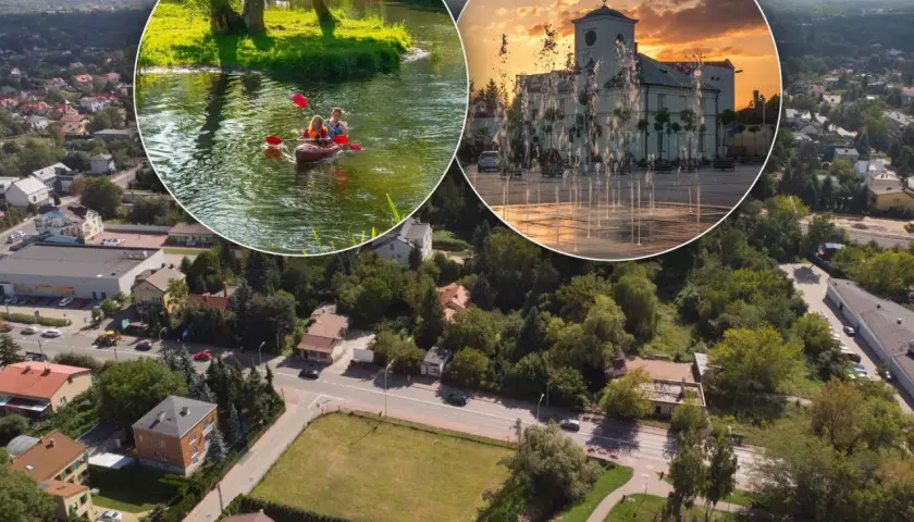 Urokliwe miasta obok Warszawy: kajaki na rzece i plac z fontannami o zachodzie słońca.