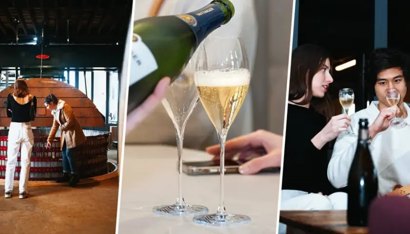 Trois scènes de dégustation champagne Paris : visite de cuverie, service à table et moment convivial entre amis.