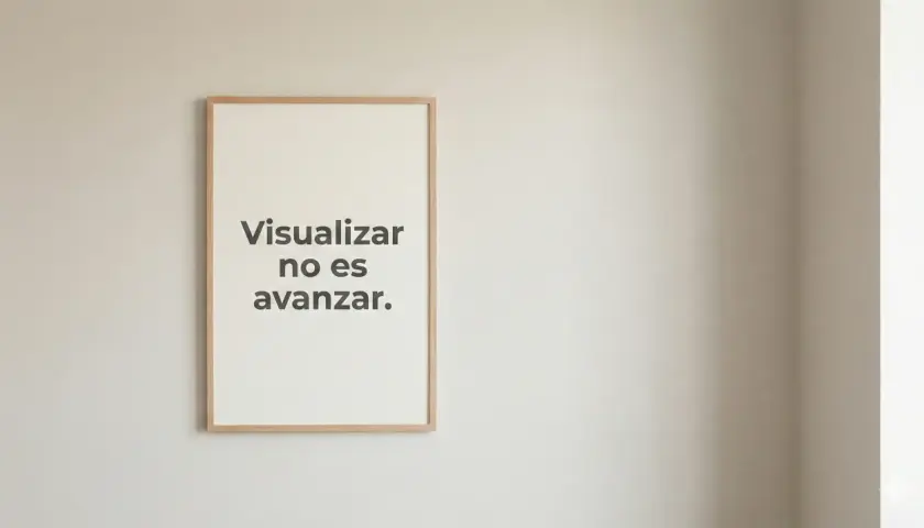 Un cuadro con la frase "Visualizar no es avanzar" cuelga en una pared. Un recordatorio para este agosto, con frases motivadoras que impulsan a la acción.