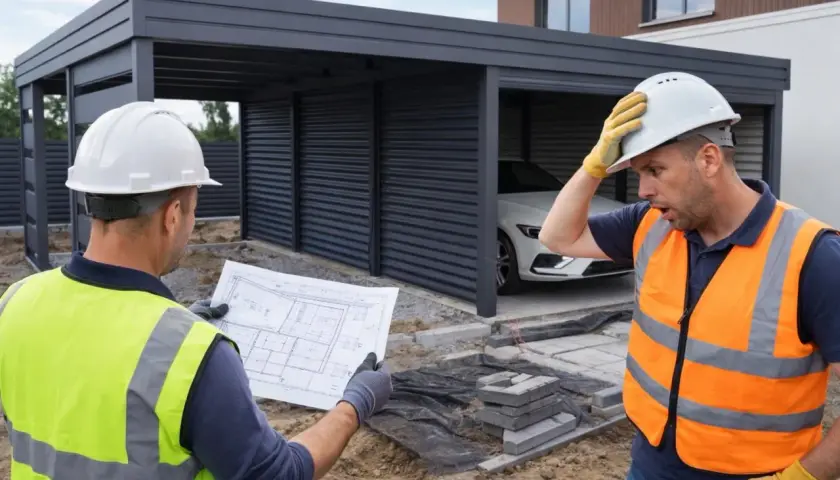 Dwóch budowlańców w kaskach i kamizelkach dyskutuje nad projektem. Jeden trzyma plany, drugi z niedowierzaniem łapie się za głowę. Obok stoi nowoczesna wiata, a w tle biały samochód. Może to problem z projektem porfiru?