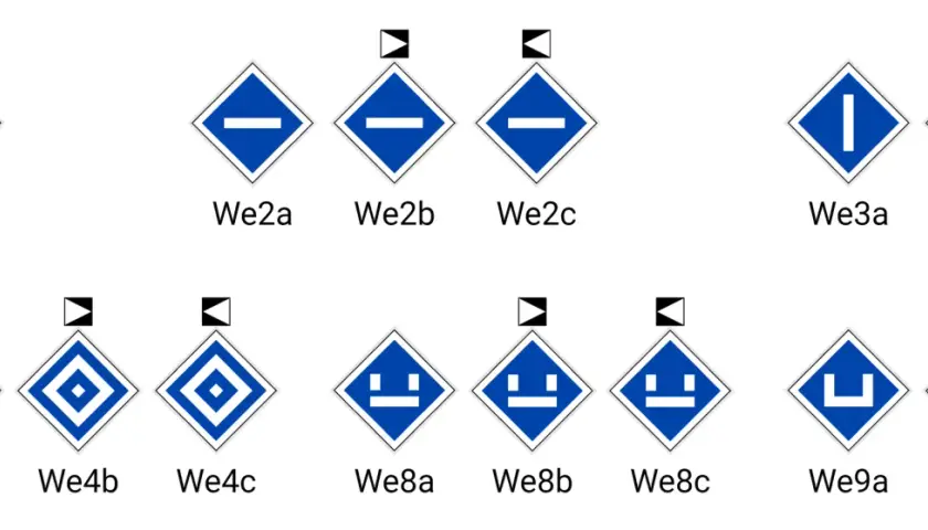 Kolejne znaki kolejowe: We1, We2a-c, We3a-b, We4a-c, We8a-c, We9a-b.
