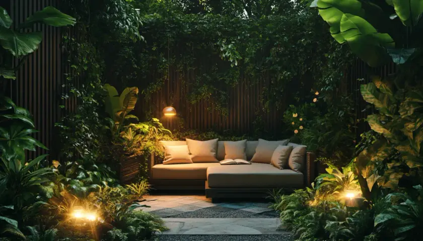 Gemütliche Garten Ecke Ideen: Ein bequemes Sofa lädt zum Entspannen ein, umgeben von üppiger Vegetation und stimmungsvoller Beleuchtung.