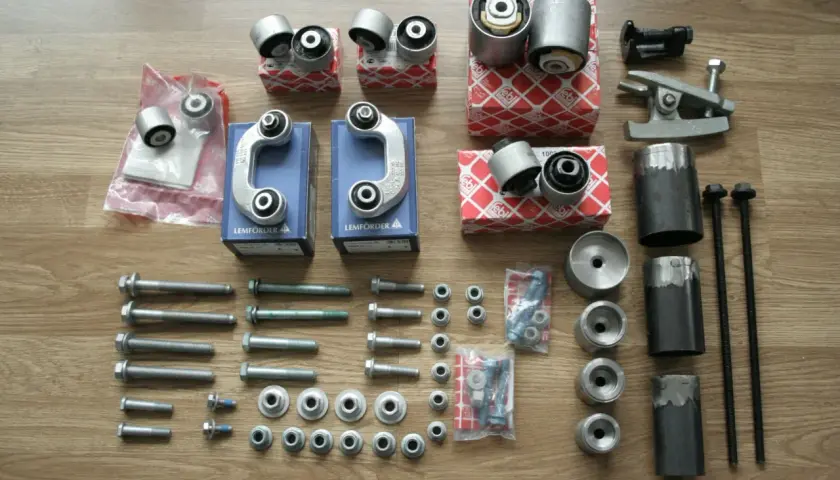 Herramientas y piezas para cambiar silentblock brazo suspension. Tornillos, soportes y bujes Lemförder y Febi.