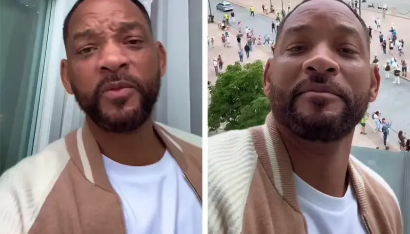 Will Smith, znany z imponującego wzrostu, w beżowej kurtce. Na drugim zdjęciu widać tłum ludzi na placu.