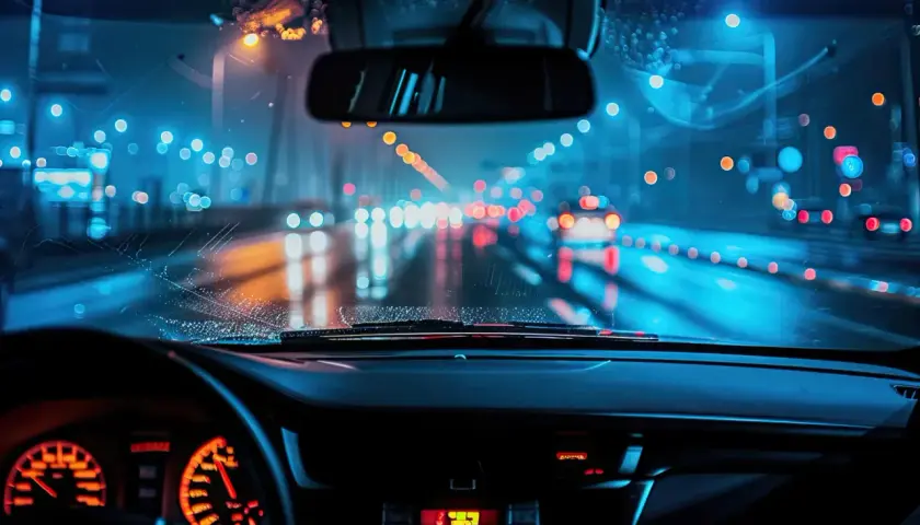 Widok z wnętrza samochodu nocą. Deszcz na szybie, światła miasta i samochodów tworzą rozmyty obraz, wymagający adaptacji oka.