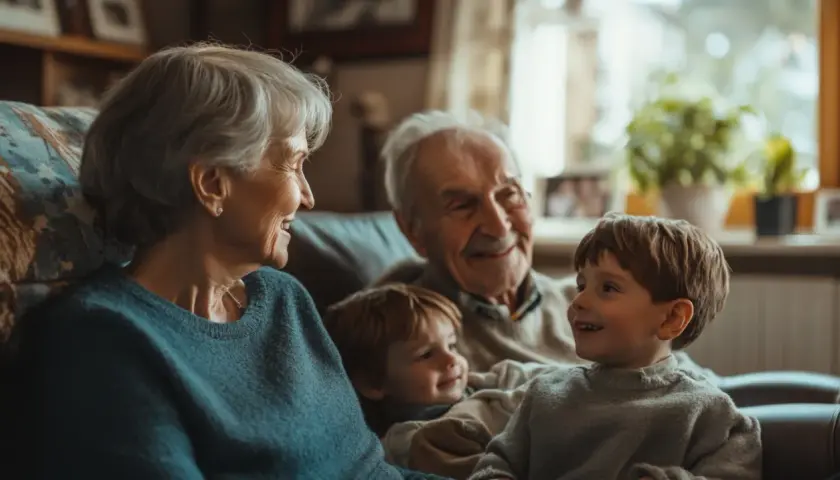 Abuelos sonríen a sus nietos. Es como soñar con abuelo fallecido, rodeado de amor familiar.