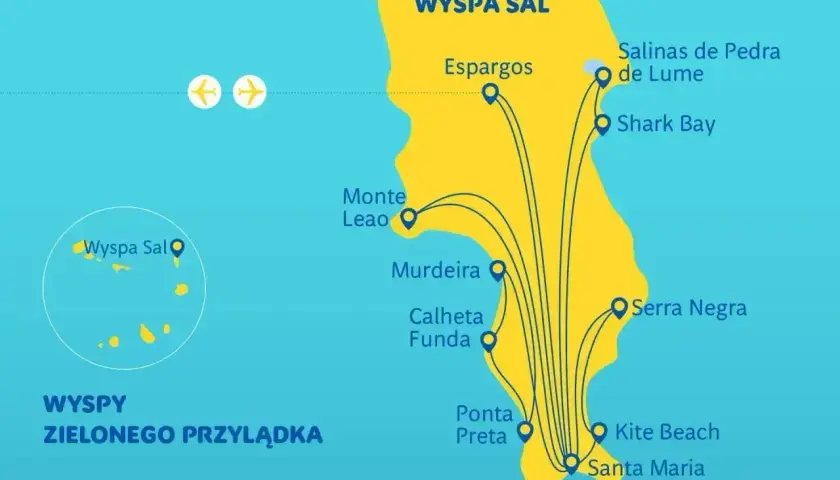 Mapa wyspy Sal na Wyspach Zielonego Przylądka. Pokazuje atrakcje takie jak Santa Maria, Kite Beach, Shark Bay i Salinas de Pedra de Lume.