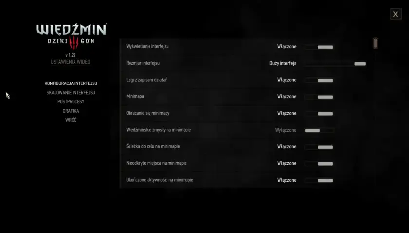 Menu Wiedźmin 3: Ustawienia interfejsu, skalowanie, grafika. Opcje dotyczące minimapy, w tym wiedźmińskie zmysły i podniesienie poziomu przeciwników.
