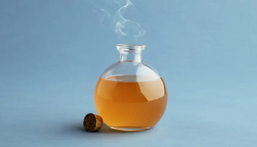 Botella de vidrio con vinagre de manzana y vapor saliendo. Descubre para qué es bueno el vinagre de manzana.