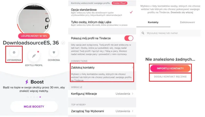 Ustawienia Tindera: blokowanie kontaktów. Możesz zaimportować kontakty lub dodać je ręcznie, by nie pokazywać profilu wybranym osobom.