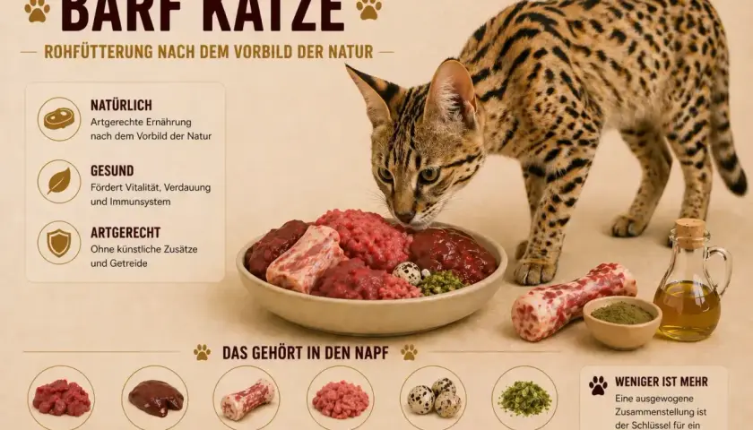 Eine Katze schnuppert an einer Schüssel mit rohem Fleisch, Knochen und Eiern. Die Grafik erklärt die Vorteile von katzen artgerechtem Barfen.