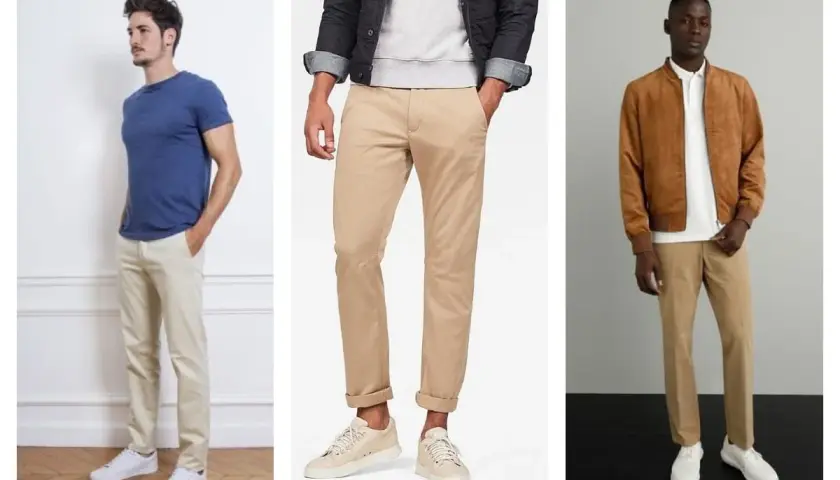 Trois hommes portent un chino camel. Le premier avec un t-shirt bleu, le deuxième avec une veste en jean et un sweat, le troisième avec une veste bomber marron.